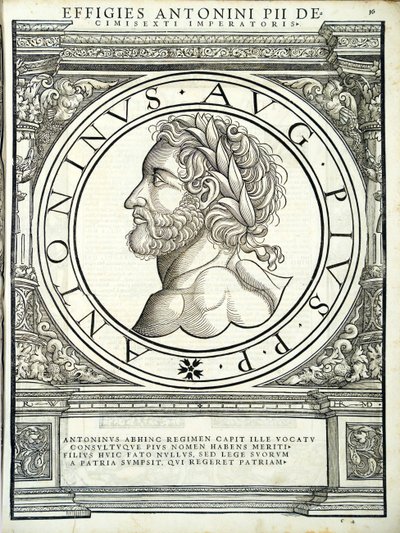 Antoninus Pius, illustration from Imperatorum Romanorum Omnium Orientalium et Occidentalium Verissimae Imagines ex Antiquis Numismatis by Hans Rudolf Manuel Deutsch